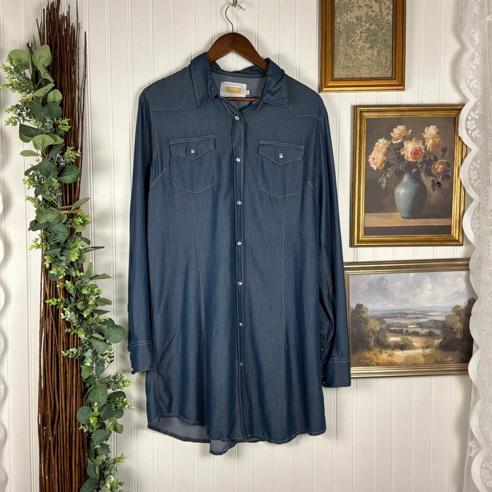 Shyanne Denim Shirt Womens Large Blue Excellent Pearl Snap Western Tunic